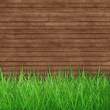 green grass over wood background  realistic 3d renderの写真素材