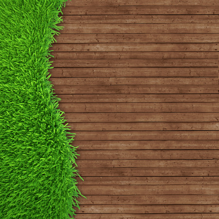 green grass over wood background  realistic 3d renderの写真素材