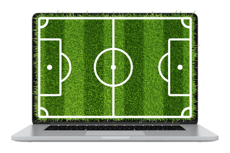 Modern laptop illustration with a computer device and football lawn grassの写真素材