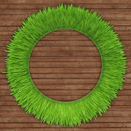 green grass over wood background  realistic 3d renderの写真素材