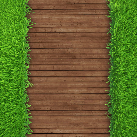 green grass over wood background  realistic 3d renderの写真素材