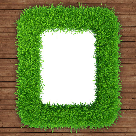 green grass over wood background  realistic 3d renderの写真素材