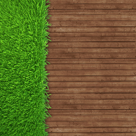 green grass over wood background  realistic 3d renderの写真素材