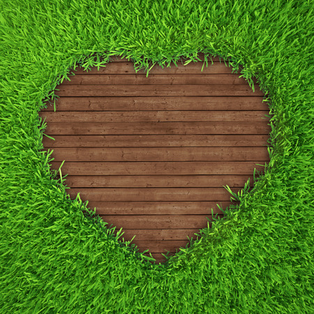 green grass over wood background  realistic 3d renderの写真素材