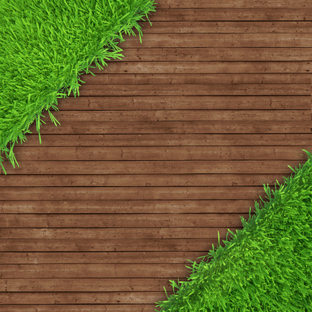 green grass over wood background  realistic 3d renderの写真素材