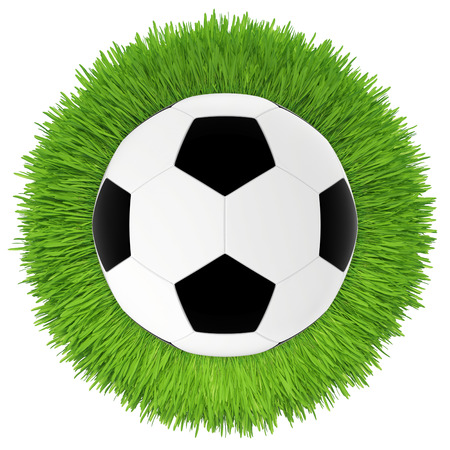 soccer ball on green grass lawn  isolated on white backgroundの写真素材
