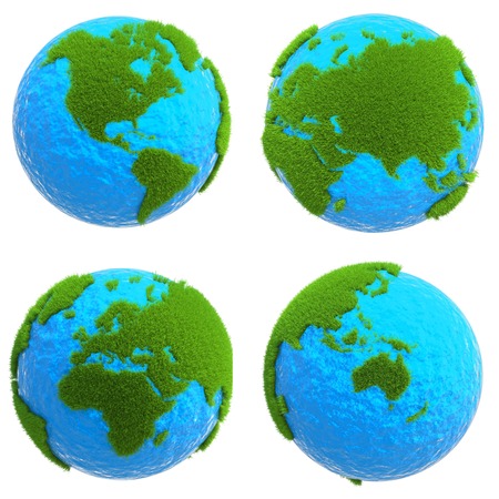 globe isolated on white background with green grass of the continentsの写真素材