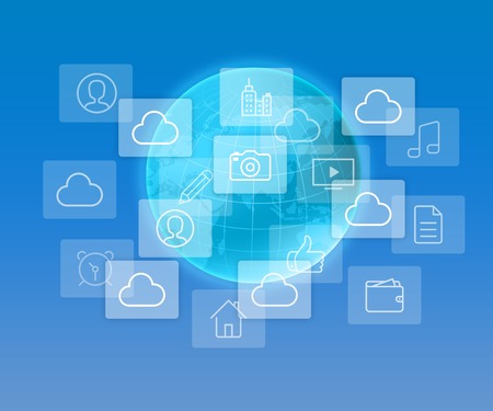 social media icons over blue background. globe map