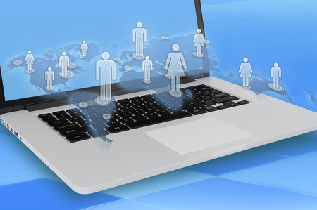 open laptop and symbol of social network with people imagesの写真素材