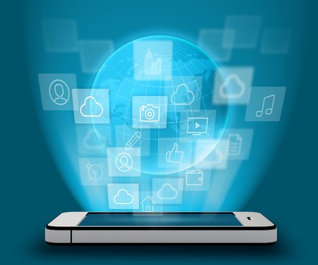 Mobile phone and icons image flight from screenの写真素材