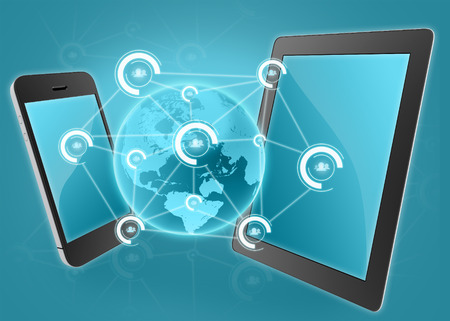 Phone and tablet with icons of people on a background of a planetの写真素材