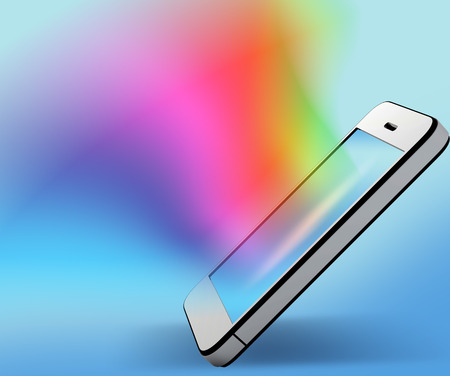 Mobile phone with colorful background flowing out of the screenの写真素材