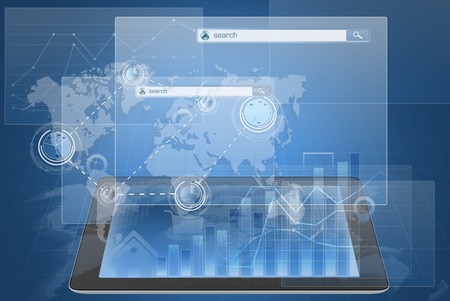 Tablet with a drop-down menu windows search and diagrams financeの写真素材