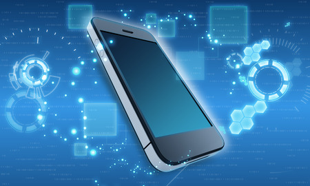 Mobile phone in the abstract cosmic backgroundの写真素材