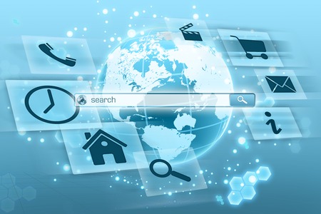 Window to find information on Internet. icons around globeの写真素材