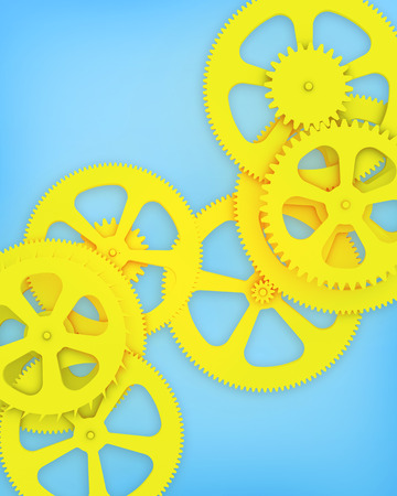Blue background with gears yellow spaced upwardの写真素材