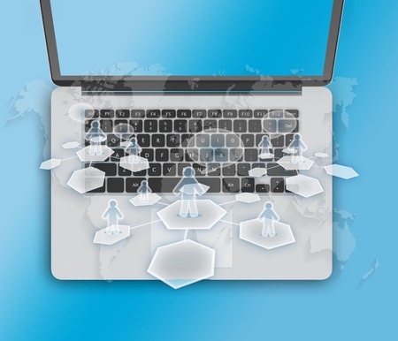 Laptop with map and people silhouettes teaming