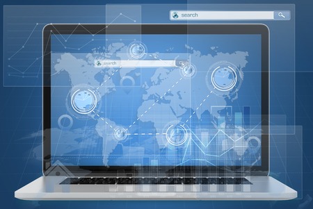 Laptop and dialogs with search menu in the global networkの写真素材