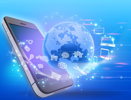 mobile phone and a globe with rotating icons around itの写真素材