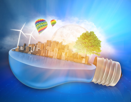 illustration depicting a light bulb, city, tree and windmillsの写真素材