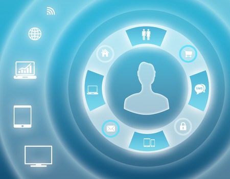 silhouette of a man surrounded by circles with icons