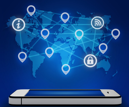 mobile phone and a world map with connection icon in the networkの写真素材