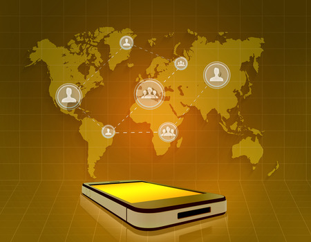 mobile phone and icons people teamwork connected network on world mapの写真素材