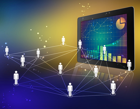 tablet with screen chart and people network connectedの写真素材