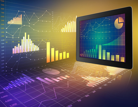 tablet with screen chart on abstract background graphicsの写真素材