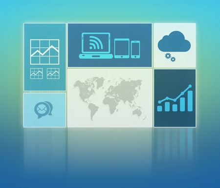 transparent screen with icons clouds, gears and graphs