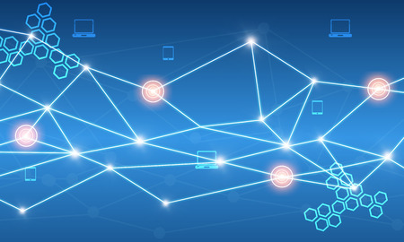 line connected to the network points of light on blue background with hexagonal iconsの写真素材