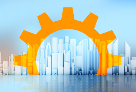 City skyscrapers and gears arrow on a red background.の写真素材