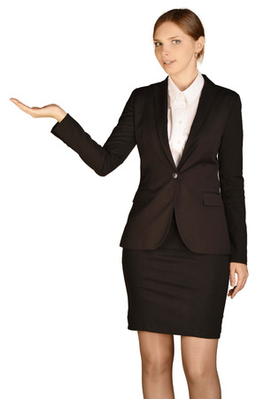 Business woman holds his right hand aloft. white background.の写真素材