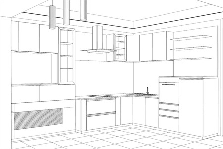 Sketch plan kitchen in the wire. Illustration created of 3d.のイラスト素材