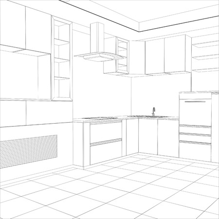 Kitchen vector sketch interior. Illustration created of 3d.のイラスト素材
