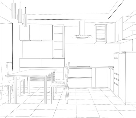 Abstract sketch design interior kitchen. Illustration created of 3d.のイラスト素材