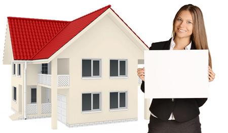 Girl standing on background of country and holding blank poster.の写真素材