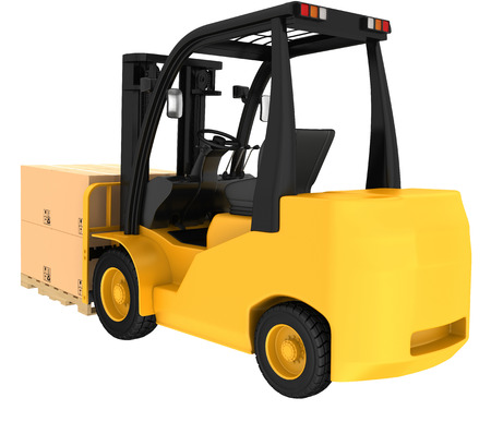 Forklift truck with cardboard boxes on wooden pallet.の写真素材