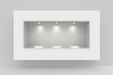 White wall with niche and empty pedestal for exhibition.の写真素材