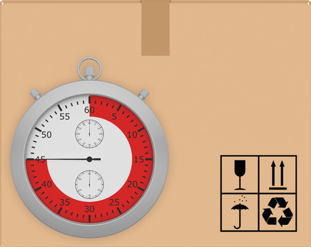 Stopwatch on background of cardboard box with icons transportation.の写真素材