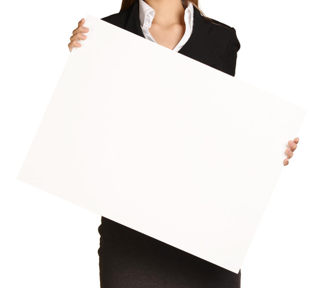 Woman headless holding a blank white board.の写真素材