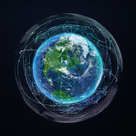 Earth planet global network communication. Satellite navigation. Digital illustration.の写真素材