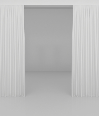 Blank white curtain or drapes on white-gray background.の写真素材