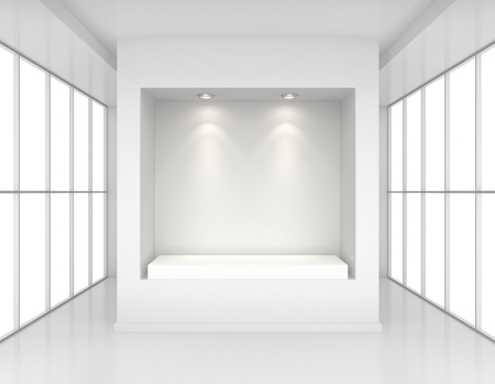 Showcase with lights and podiums for samples product in blank interior room large windows.の写真素材