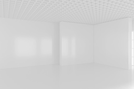 Blank white billboard in empty room with big windows, mock up, 3D Rendering.の写真素材