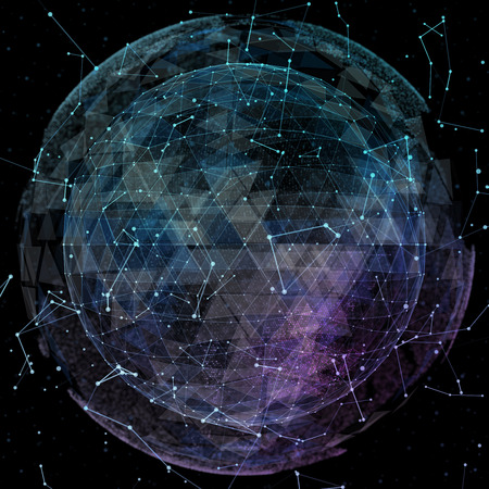 3D illuminated distorted sphere of glowing particles and wireframe. Technology digital splash or explosion conceptの写真素材