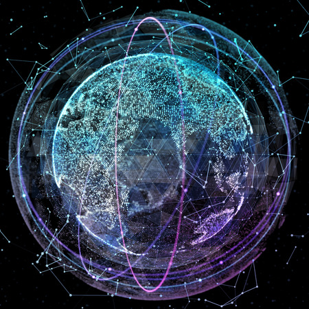 3d illustration of detailed virtual planet Earth. Technological digital globe worldの写真素材