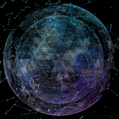 3D illuminated distorted sphere of glowing particles and wireframe. Technology digital splash or explosion conceptの写真素材