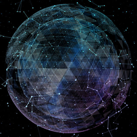 3D illuminated distorted sphere of glowing particles and wireframe. Technology digital splash or explosion conceptの写真素材