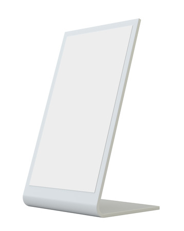 Plastic holder. Clear brochure holding. Empty paper template. 3d rendering isolated on white backgroundの写真素材